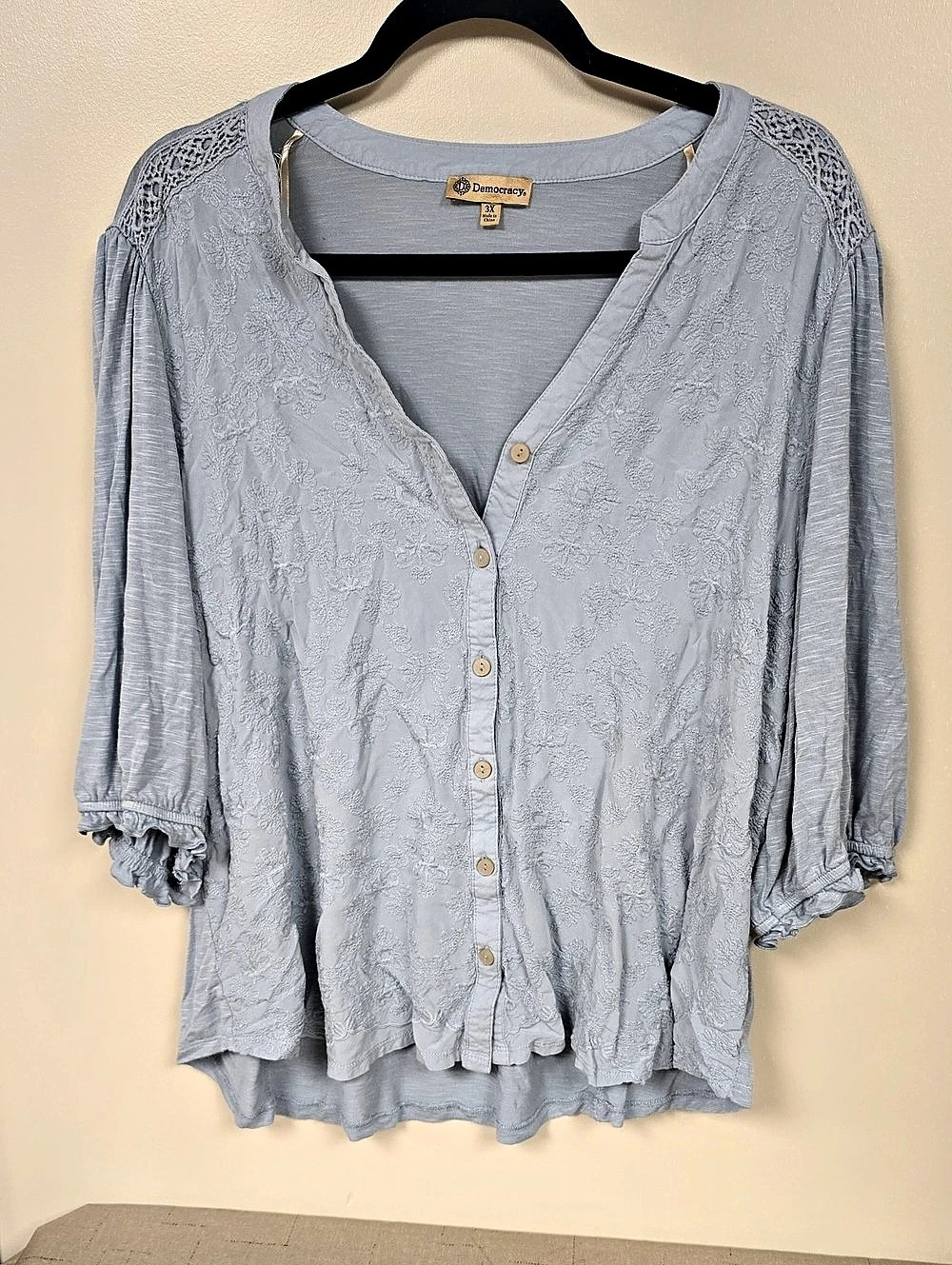 Democracy Woven Crochet Trim Button-Down Top Blue 3X